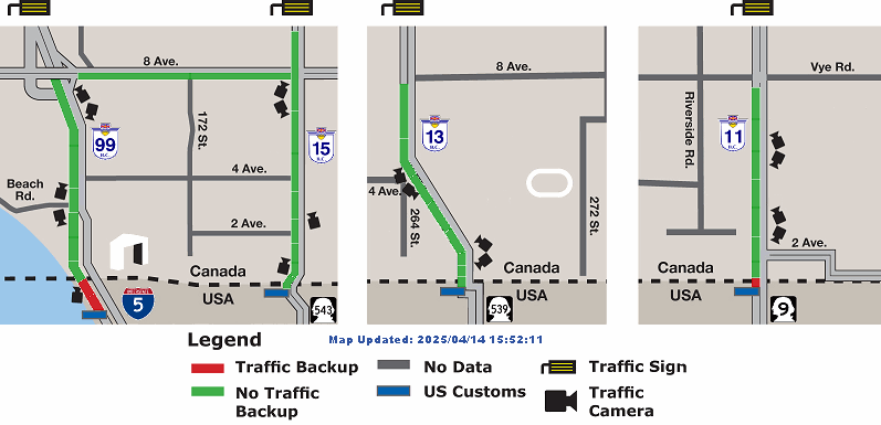 Realtime Image of traffic wait times entering the U.S. from Canada at Peace Arch, Blaine, and Lynden border crossings. Border Wait Times for Traffic Entering the U.S. from Canada at Peace Arch, Blaine, and Lynden